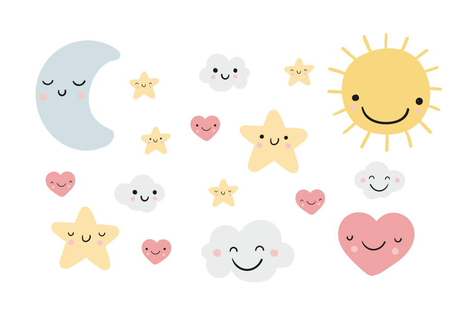 Pack: Sol, Luna, nubes, corazones y estrellas